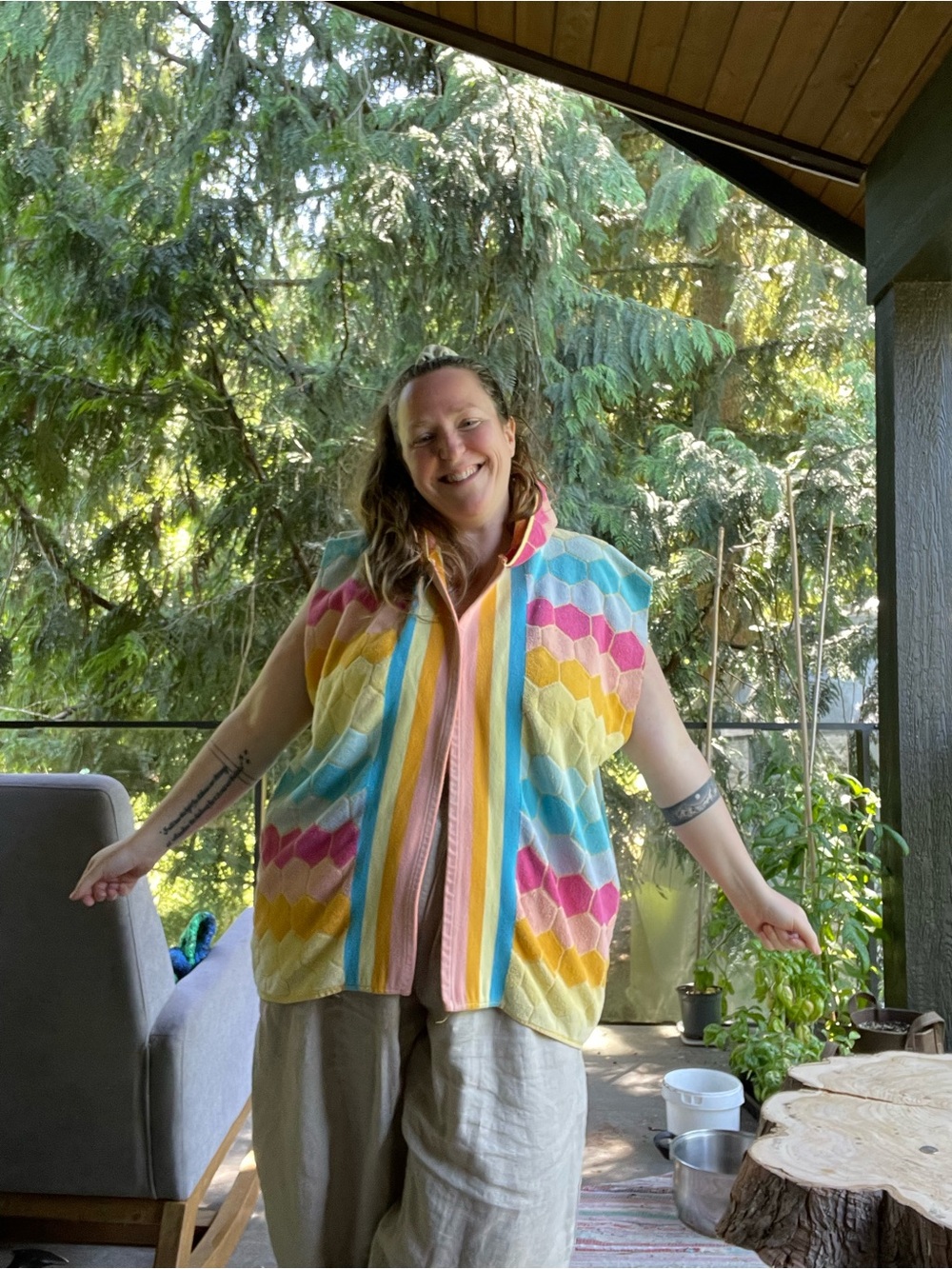 12. HANDMADE Rainbow honeycomb towel coverup/cardi OS